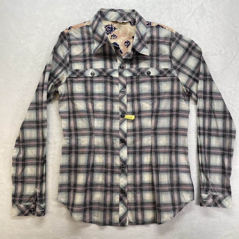 CAbi Sz S Festival Shirt Plaid Floral Mixed Media Button Down Blouse #233 Cotton